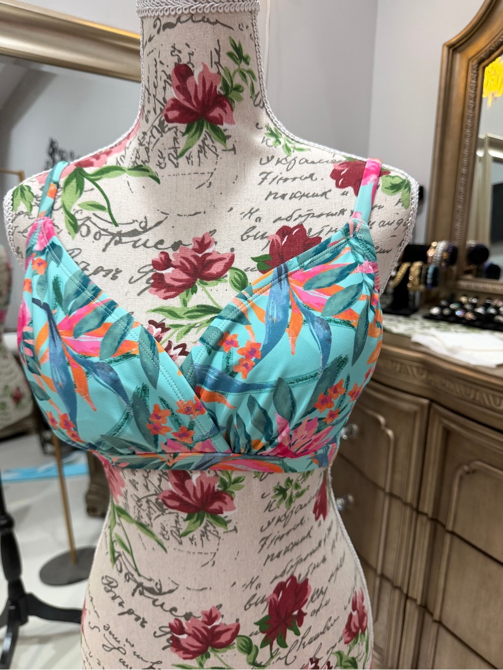 Kona Sol Aqua Floral Wrap-Front Bodysuit Top